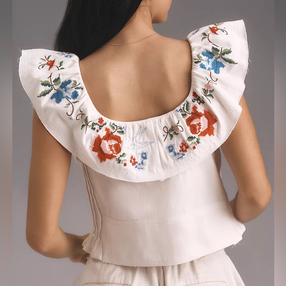 Embroidered White Ruffle-Sleeve Button Front Top - Picture 9 of 12